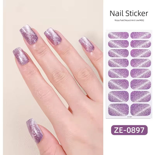 3D UV Free Thin Shiny Silver Glitter Cat Eye Polish Waterproof PET Material Full Wraps Nail Art Stickers Kit Nail Wraps